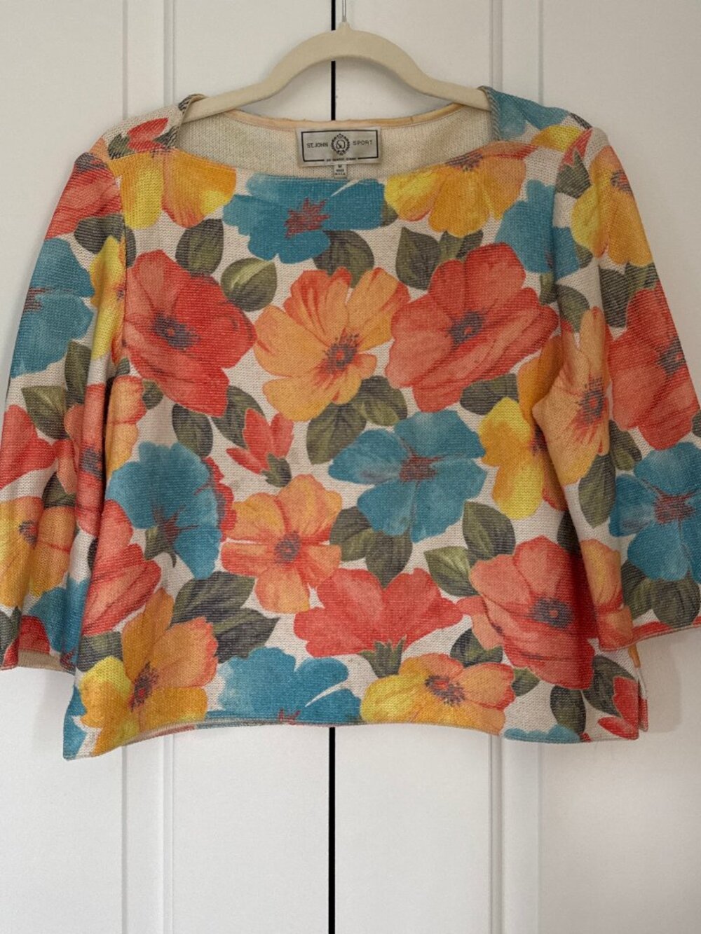 Vintage 90s St. John Sport floral print cropped boatneck sweater M